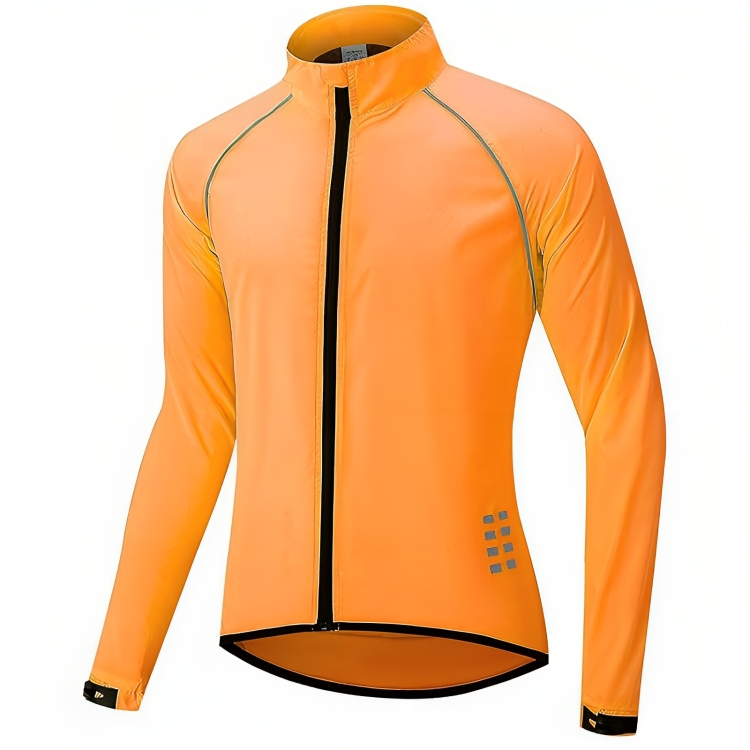 Orangefarbene Herren-Radjacke, winddicht, atmungsaktiv, mit Reißverschluss und reflektierenden Details.