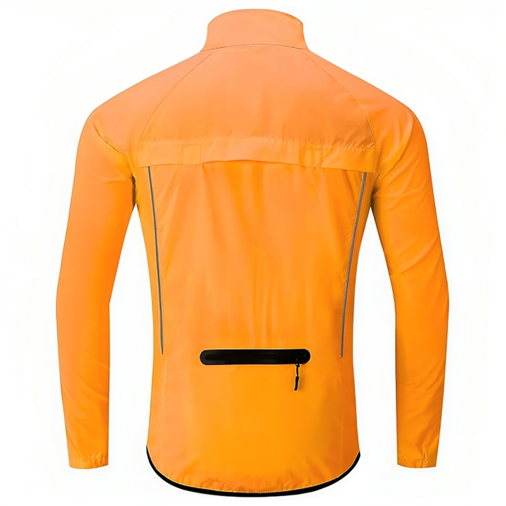 Orangefarbene Fahrradjacke, wasserdicht, mit Reißverschlusstasche, reflektierende Details.