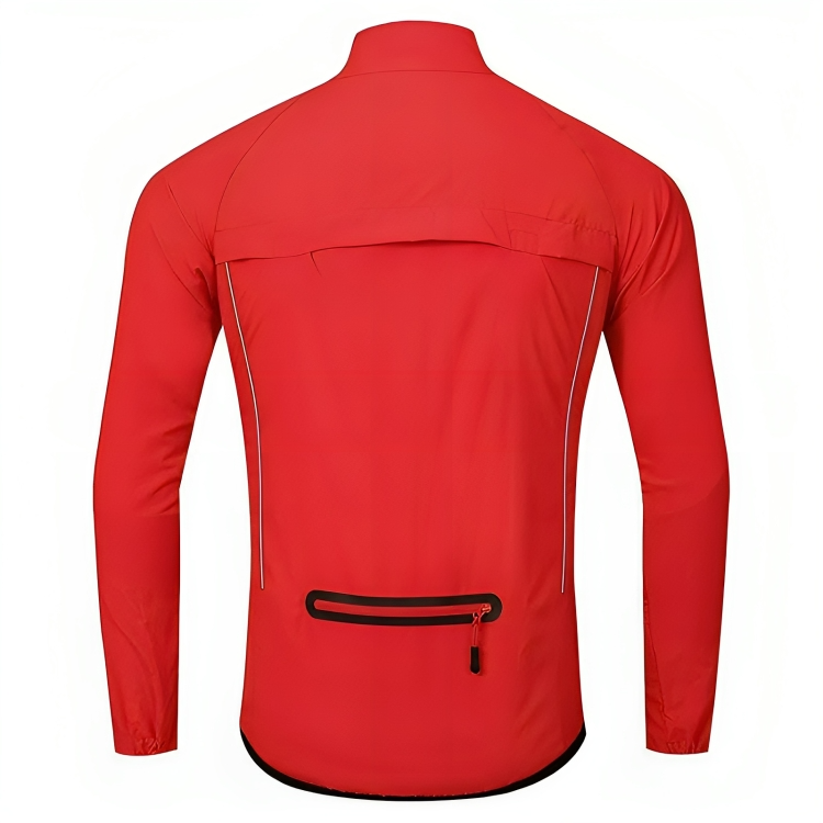 Rote Fahrradjacke, wasserdicht, mit Reißverschlusstasche, reflektierende Details, Herrenbekleidung.
