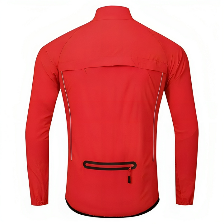 Rote Fahrradjacke, wasserdicht, mit Reißverschlusstasche, reflektierende Details, Herrenbekleidung.