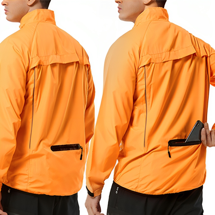 Männer-Outdoorjacke orange, wasserabweisend, mit Reißverschlusstasche, ideal für Sport.