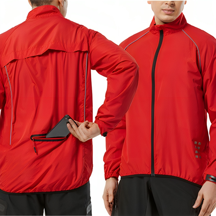 Rote Herren-Windjacke, wasserabweisend, mit Reißverschluss und Rückentasche, ideal für Outdoor.