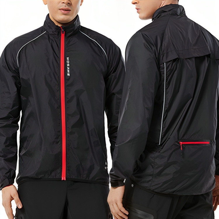 Schwarze Herren-Windjacke mit rotem Reißverschluss, wasserabweisend, ideal für Outdoor-Aktivitäten.