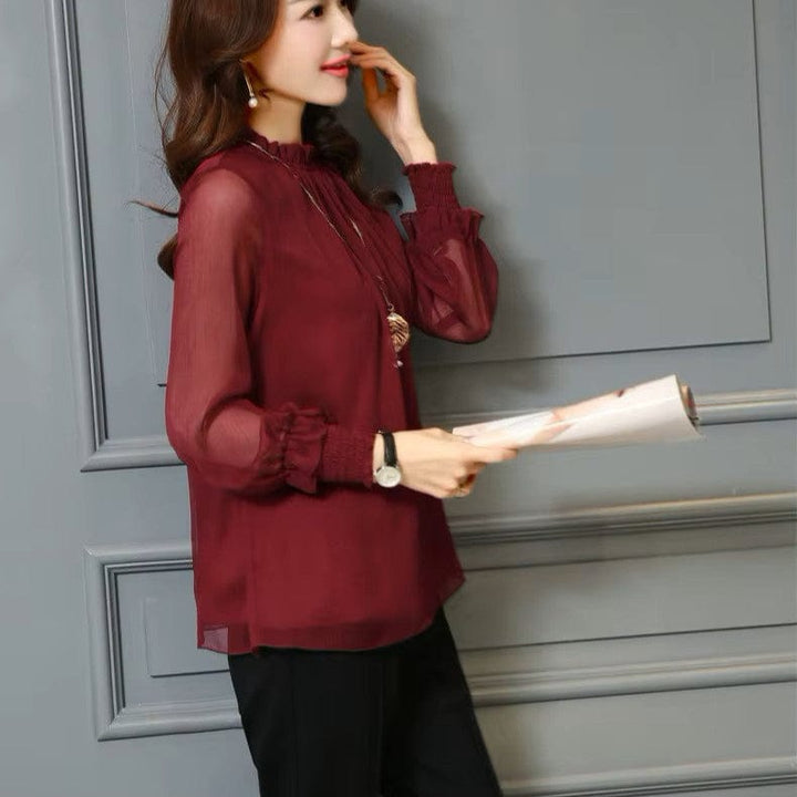 Stilvolle Damen Chiffonbluse mit Rüschen & transparenten Ärmeln – Herbstzauber Elina