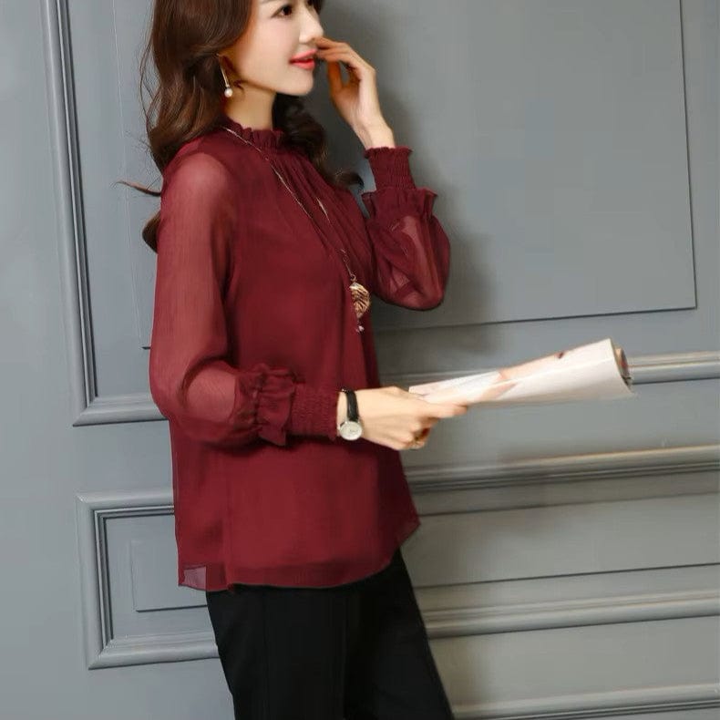 Stilvolle Damen Chiffonbluse mit Rüschen & transparenten Ärmeln – Herbstzauber Elina