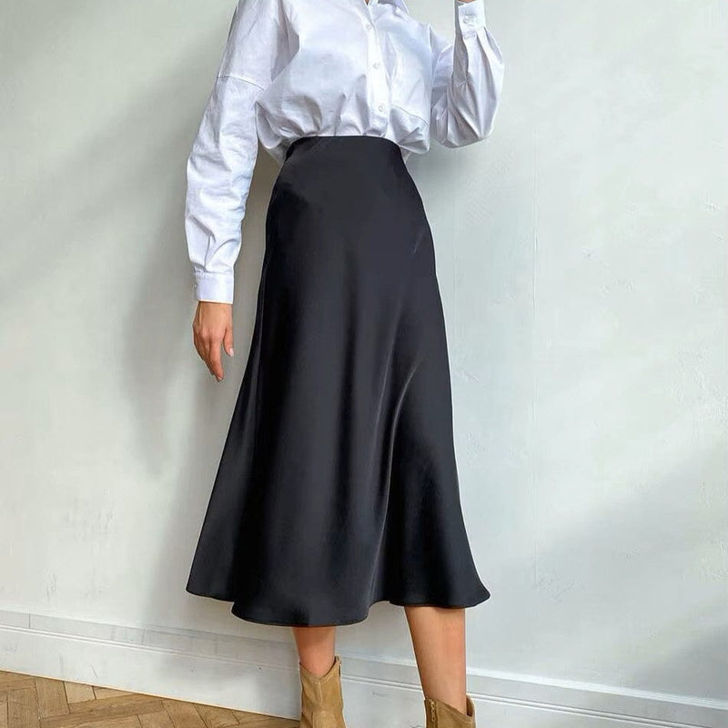 Satinschimmernder Damen Midirock in A-Linie mit hoher Taille – Liora