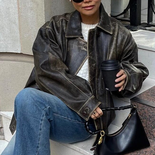 Damen Vintage Lederjacke im Retro-Stil – Kayna