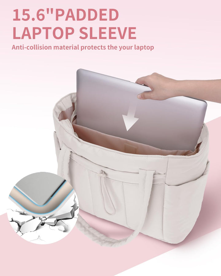 Gepolsterte Puffer Tote mit Becherhalter und Laptopfach für Reisen und Arbeit