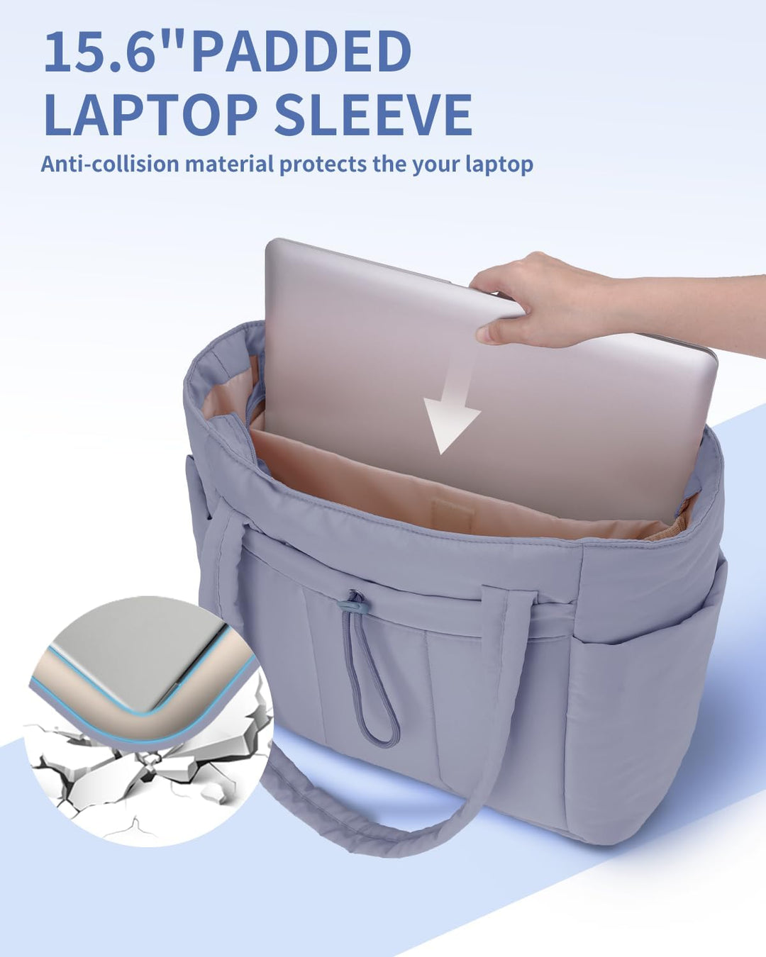 Gepolsterte Puffer Tote mit Becherhalter und Laptopfach für Reisen und Arbeit