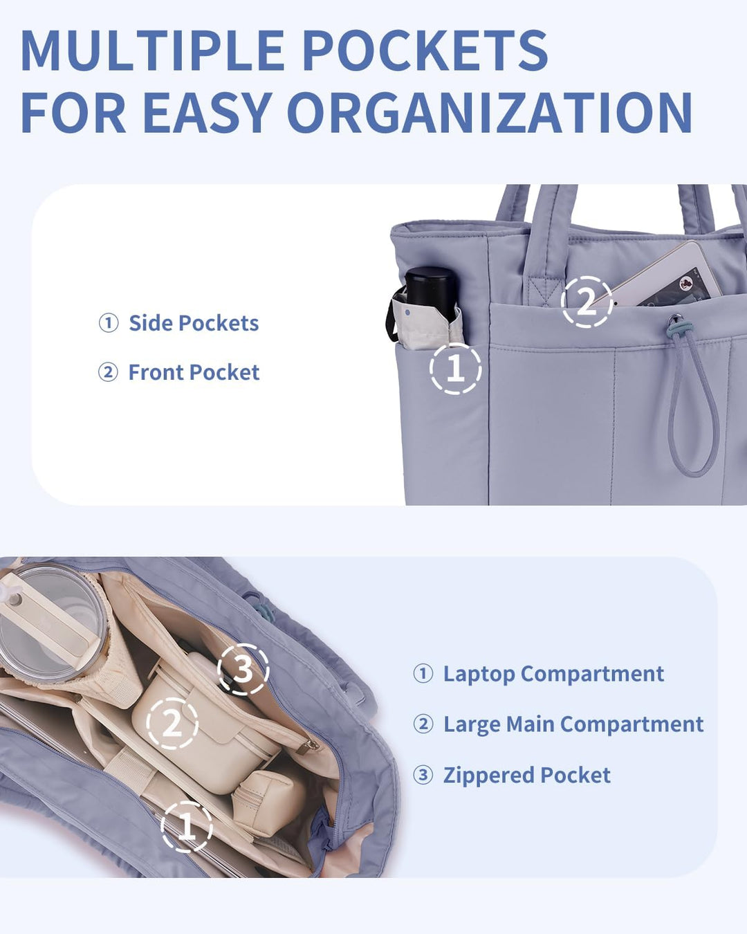 Gepolsterte Puffer Tote mit Becherhalter und Laptopfach für Reisen und Arbeit