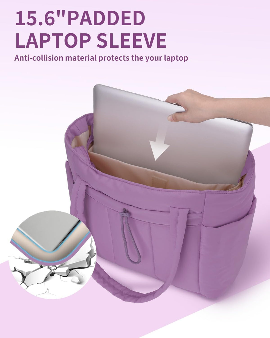 Gepolsterte Puffer Tote mit Becherhalter und Laptopfach für Reisen und Arbeit