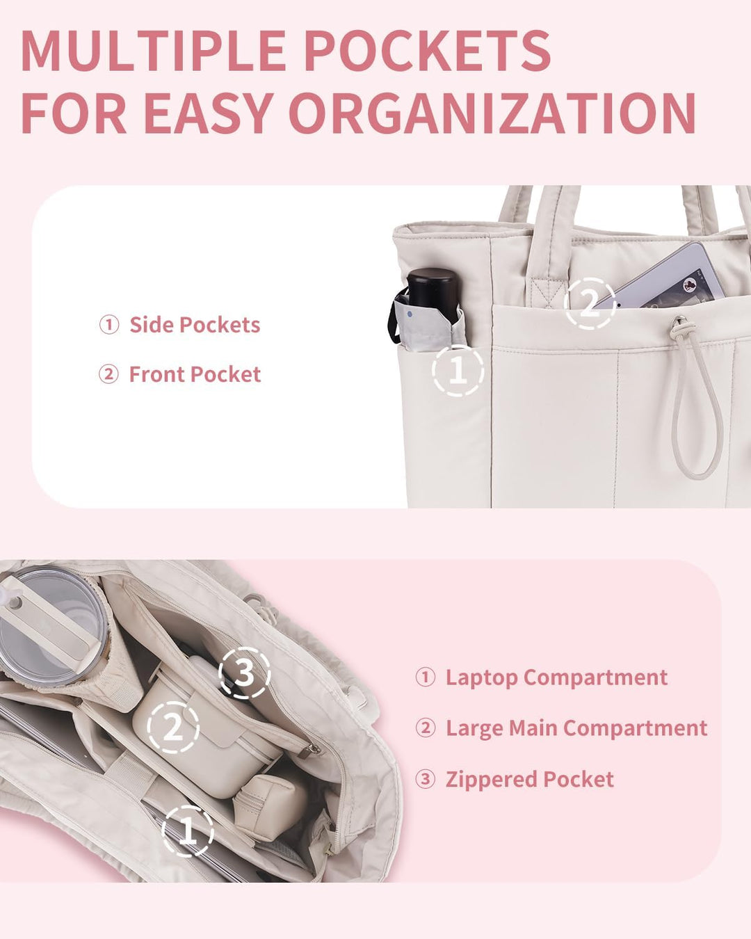 Gepolsterte Puffer Tote mit Becherhalter und Laptopfach für Reisen und Arbeit