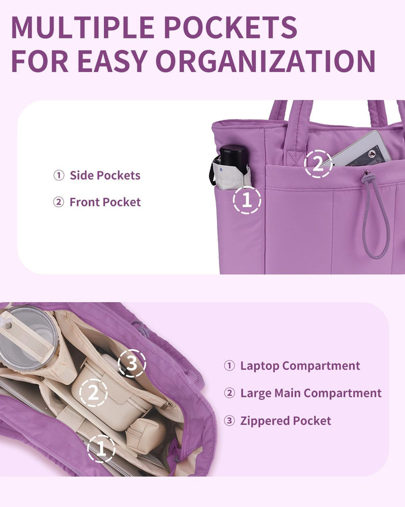 Gepolsterte Puffer Tote mit Becherhalter und Laptopfach für Reisen und Arbeit