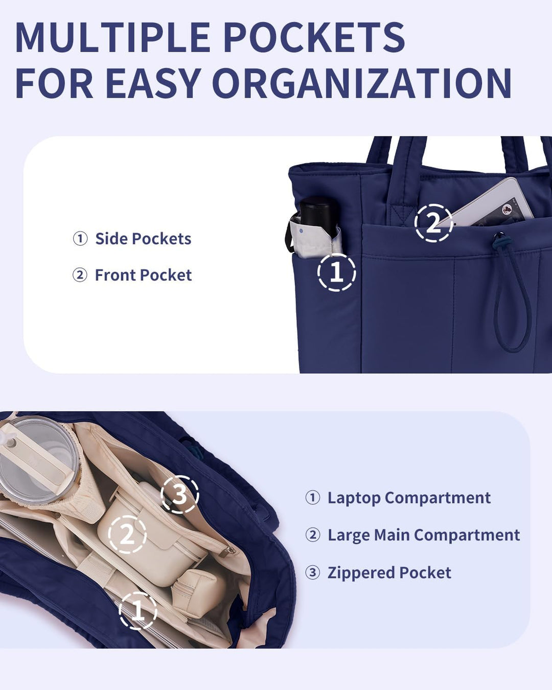 Gepolsterte Puffer Tote mit Becherhalter und Laptopfach für Reisen und Arbeit