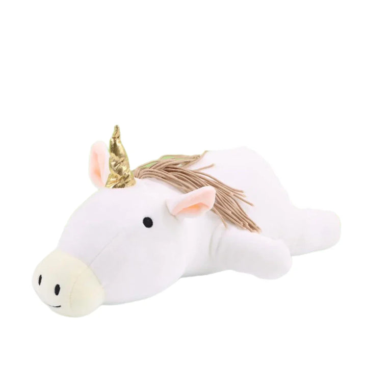 Weißes Plüsch-Einhorn mit goldenem Horn, Kuscheltier, beruhigend, für Kinder.