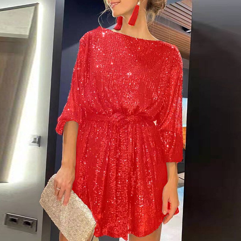 Rotes Paillettenkleid Damen, festlich, Mini, mit Gürtel, elegante Abendmode, Partykleid.