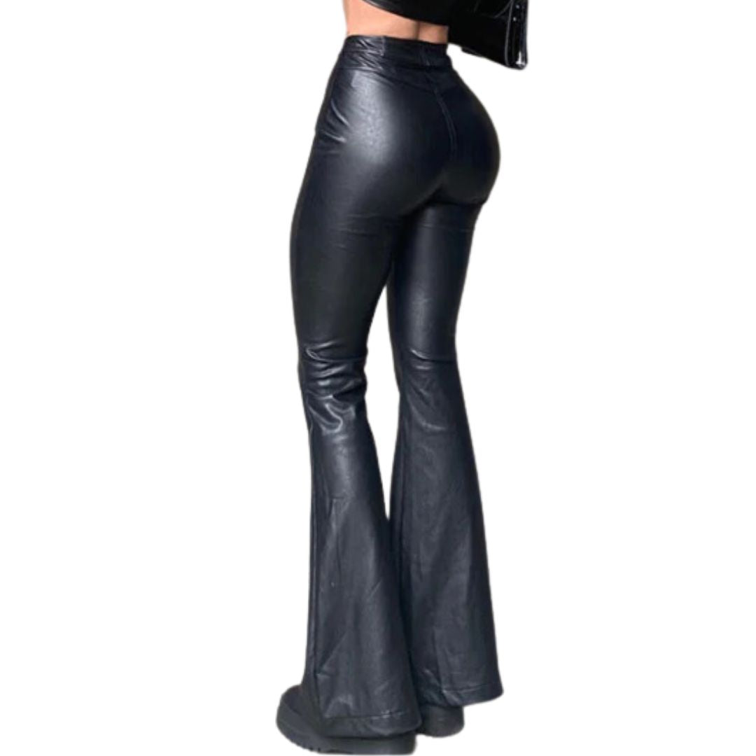 Schwarze Schlaghose Damen, Kunstleder, modisch, hoch tailliert, elegant, Streetwear.