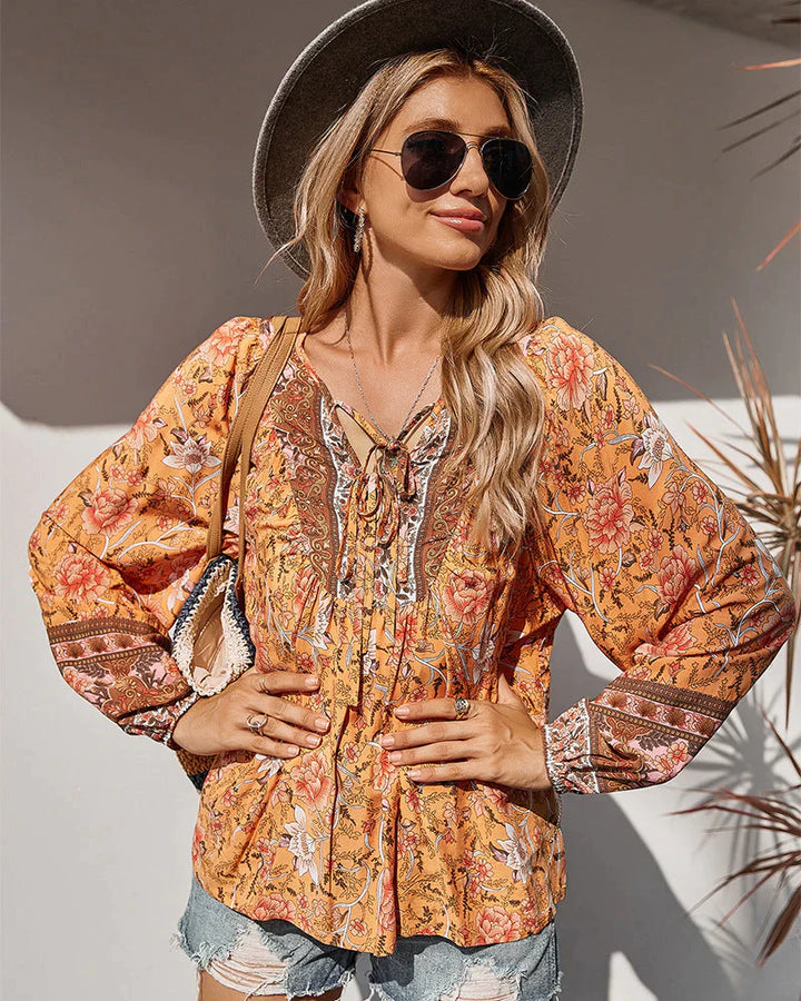 Vintage Boho Herbstbluse mit Blumenprint und langen Ärmeln – Sana
