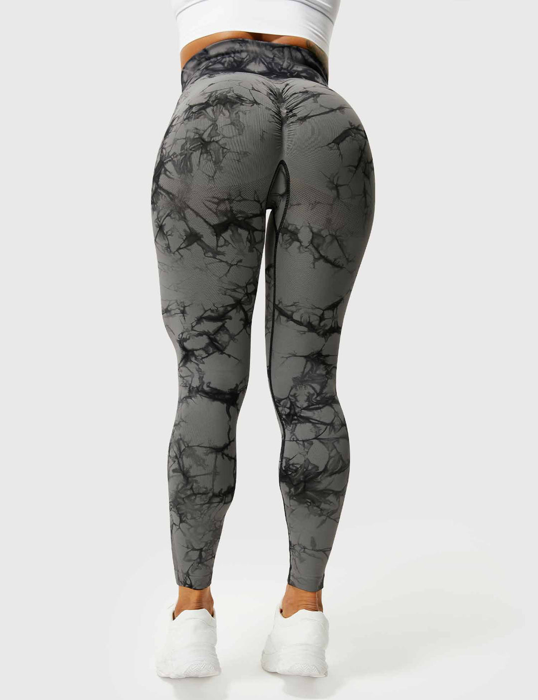 Damen Leggings schwarz-grau, hoher Bund, Marmor-Muster, Sportbekleidung, Fitnessmode.