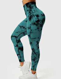 Damen Leggings blaugrün, hoher Bund, Marmor-Muster, Sportbekleidung, Fitness, Yoga.
