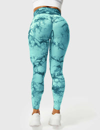 Damen Leggings Cyanblau, Marmormuster, Sportbekleidung, hohe Taille, elastisch, bequem.