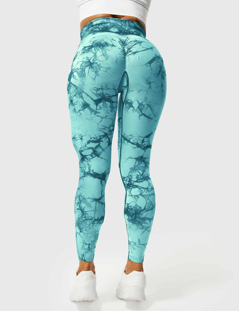 Damen Leggings Cyanblau, Marmormuster, Sportbekleidung, hohe Taille, elastisch, bequem.