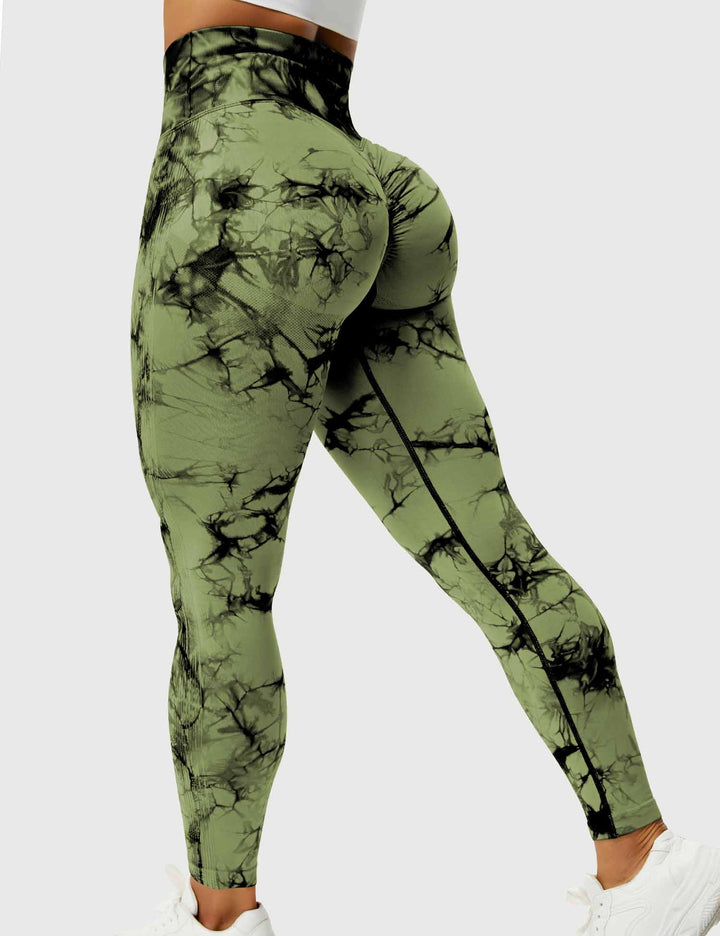 Grüne Damen-Leggings mit schwarzem Marmor-Muster, hoch tailliert, Sportbekleidung.
