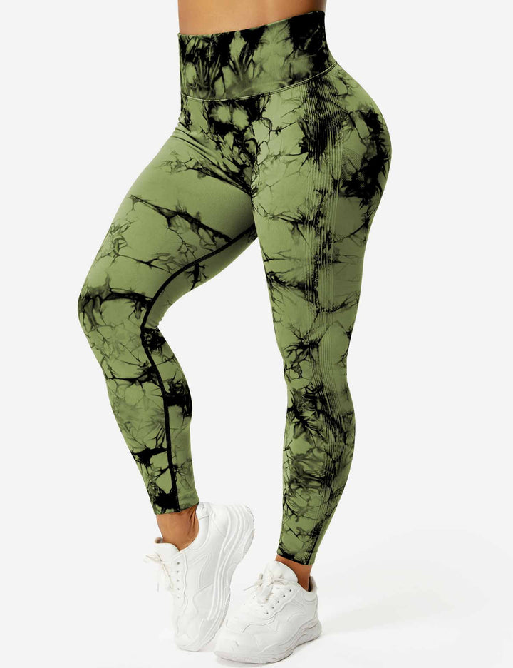 Grüne Damen-Leggings mit Batikmuster, hohe Taille, sportlich, bequem, elastisch.