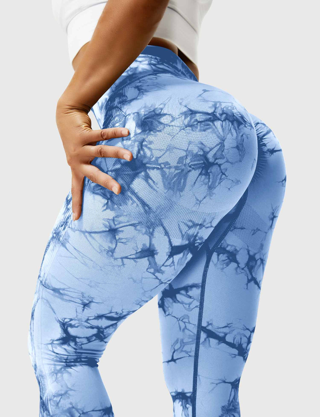Damen Leggings hellblau, marmoriertes Design, elastisch, Sportbekleidung, figurbetont.