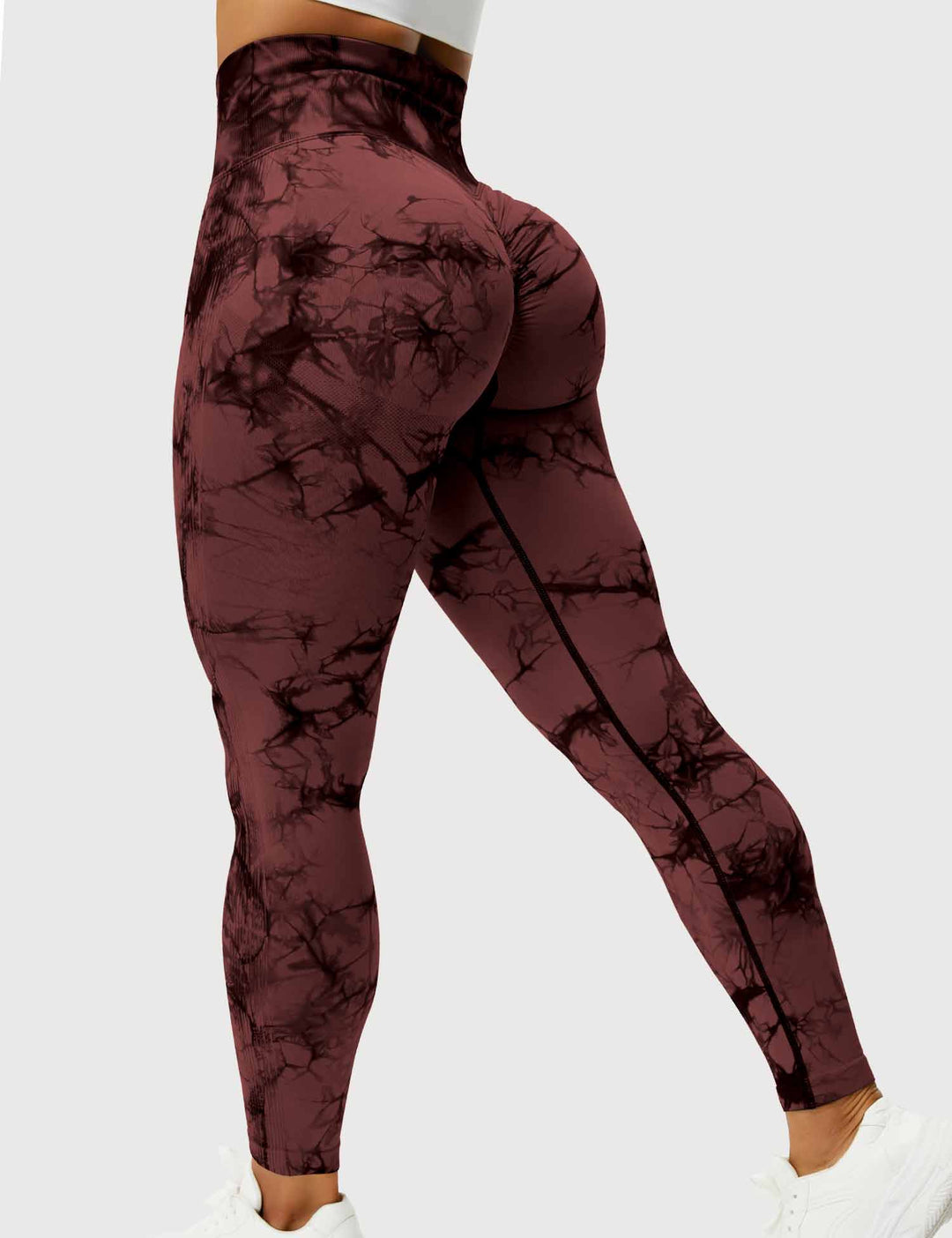 Damen Leggings rotbraun, hoher Bund, Marmor-Muster, Sportbekleidung, figurbetont.