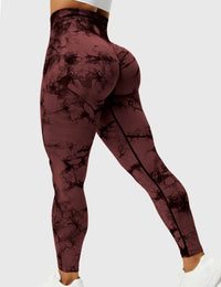 Damen Leggings rotbraun, hoher Bund, Marmor-Muster, Sportbekleidung, figurbetont.