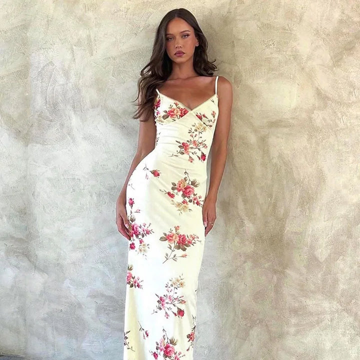Florales Sommer-Maxikleid mit V-Ausschnitt und Spaghettiträgern - Alina