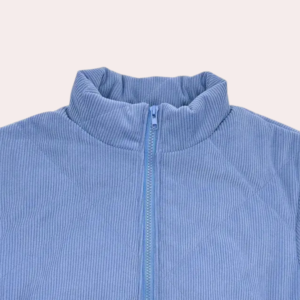 Blauer Cord-Steppjacke mit Reißverschluss, Stehkragen, modisch, warm, Damenbekleidung.