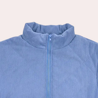 Blauer Cord-Steppjacke mit Reißverschluss, Stehkragen, modisch, warm, Damenbekleidung.