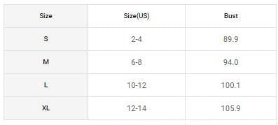 Größentabelle Damenoberteile, Größen S bis XL, US-Größen, Brustumfang in Zentimetern.