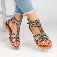 Bunte Damen-Sandalen, Ethno-Muster, flach, Sommermode, bequem, Freizeit, Jeans.
