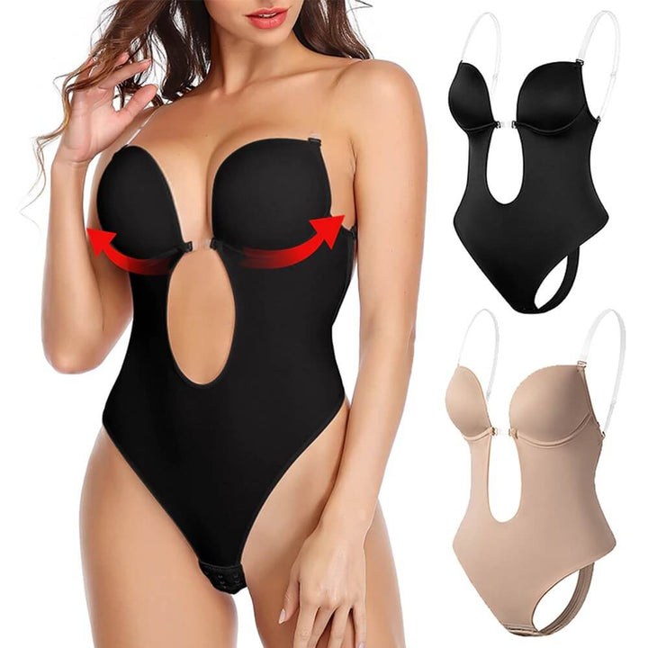 Schwarzer Push-up-Bodysuit für Damen, nahtlos, verstellbare Träger, tiefes Dekolleté.