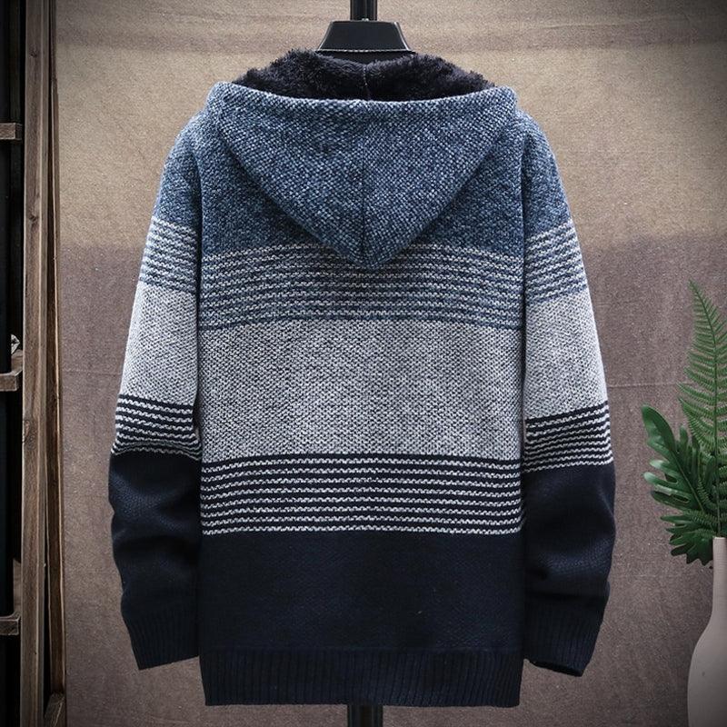 Grauer Herren-Strickpullover mit Kapuze, gestreift, warm, Wintermode, Baumwolle.