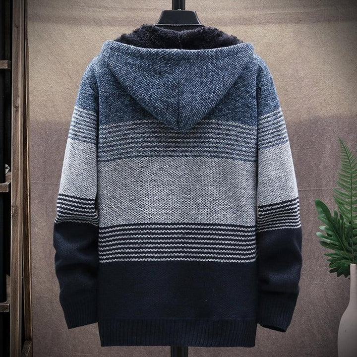 Grauer Herren-Strickpullover mit Kapuze, gestreift, warm, Wintermode, Baumwolle.