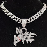 Silberne Halskette mit "No Love"-Anhänger, Zirkonia-Steine, Hip-Hop-Schmuck, Herrenmode.