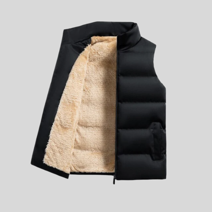 Schwarze Steppweste mit beigem Fleecefutter, ärmellos, modisch, warm, für Herbst/Winter.