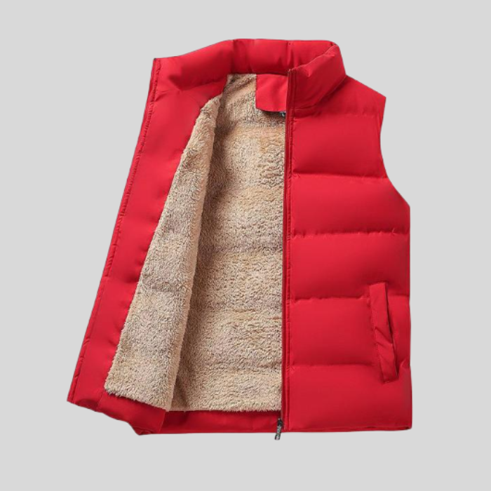 Rote Damenweste, gefüttert, ärmellos, Reißverschluss, Wintermode, warm, modisch.