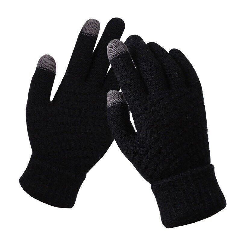 Schwarze Touchscreen-Handschuhe, gestrickt, mit grauen Fingerspitzen, Wintermode-Zubehör.