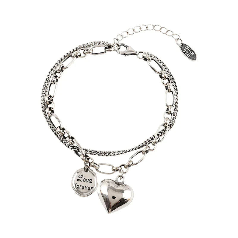 Silberarmband mit Herz- und "Love Forever"-Anhänger, Damenmode, 925 Sterling Silber.