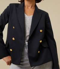 Damen Blazer Schwarz, Goldknöpfe, V-Ausschnitt, Business Mode, Eleganter Look, Herbstkleidung