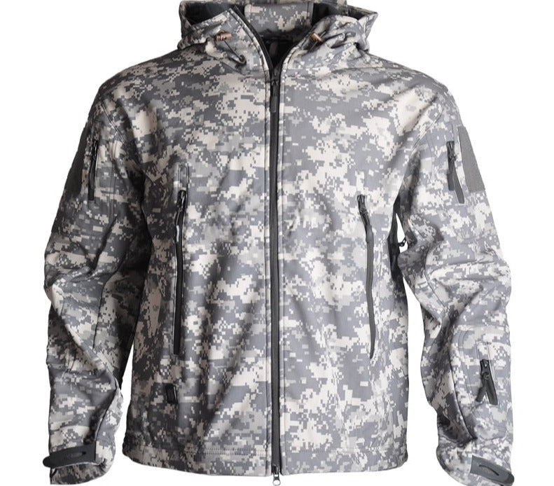 Tarnjacke Herren, wasserdicht, grau, Camouflage-Muster, Outdoor, Kapuze, Reißverschlüsse.