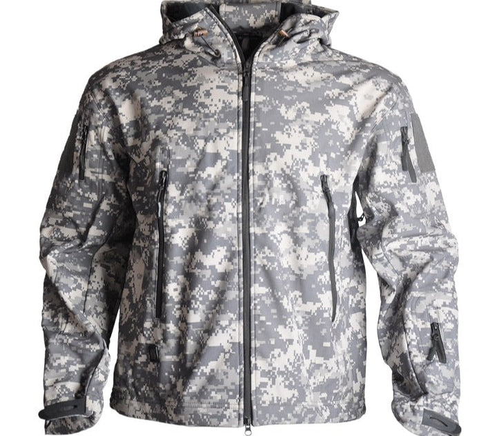 Tarnjacke Herren, wasserdicht, grau, Camouflage-Muster, Outdoor, Kapuze, Reißverschlüsse.
