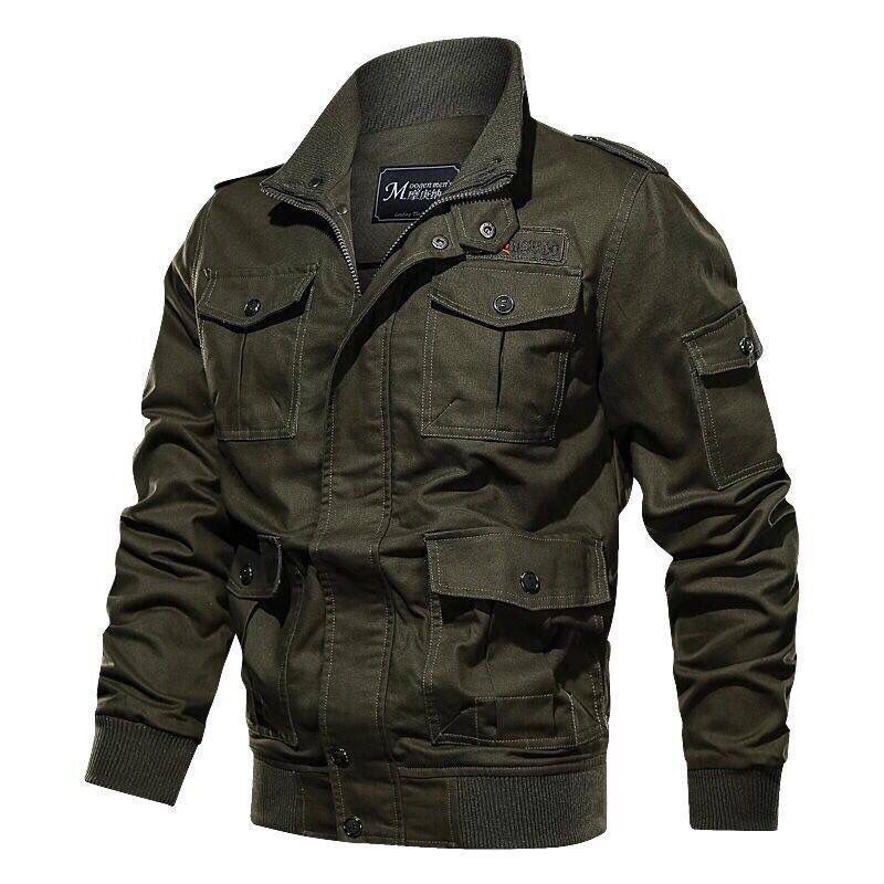 Herren Militärjacke, olivgrün, Baumwolle, mit Taschen, Reißverschluss, modisch, Outdoor-Bekleidung