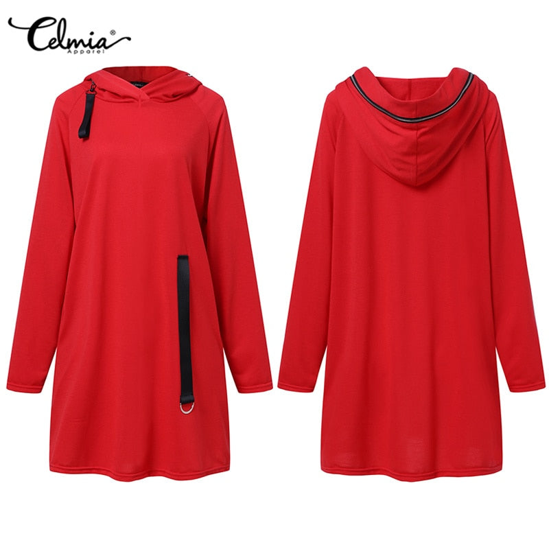 Rotes Damen-Kapuzenkleid, langärmelig, Freizeit, mit schwarzem Band, Celmia Marke.