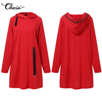 Rotes Damen-Kapuzenkleid, langärmelig, Freizeit, mit schwarzem Band, Celmia Marke.